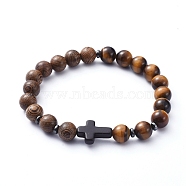Natural Wood Beads Stretch Bracelets, with Natural Tiger Eye Beads, Non-Magnetic Synthetic Hematite Beads and Cross Synthetic Turquoise(Dyed) Beads, Inner Diameter: 2-1/8 inch(5.5cm)(BJEW-JB05231-05)