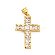 Brass Micro Pave Clear Cubic Zirconia Pendants, Cross, Real 18K Gold Plated, 26.5x17.5x2.5mm, Hole: 4x3mm(ZIRC-A021-19G)