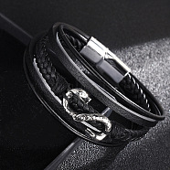 Leather Cords Multi-strand Bracelets with Magnetic Clasp, Snake Link Punk Bracelet, Black, 8-1/4 inch(21cm)(PW-WG89659-01)