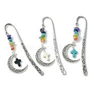 3Pcs 3 Style Crescent Moon Alloy Pendant Bookmark with Chakra Gemstone Chip & Cross, Flower Pattern Hook Bookmarks, Mixed Color, 118mm, 1pc/style(AJEW-TA00010)