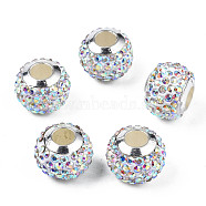 Handmade Polymer Clay Rhinestone European Beads, with Silver Tone CCB Plastic Double Cores, Large Hole Beads, Rondelle, Crystal AB, 12.5~13x10mm, Hole: 4.5mm(RB-N053-001-11)
