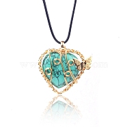 Synthetic Turquoise Dyed Metal Wire Wrapped Heart Pendants, Golden Plated Butterfly Charms, 42x37mm(PW-WG13885-08)