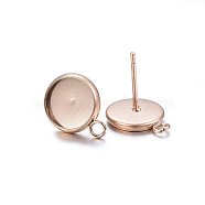 Ion Plating(IP) 304 Stainless Steel Stud Earring Settings, with Loop, Flat Round, Rose Gold, Tray: 14mm, 19x16x2mm, Hole: 1.8mm, Pin: 0.8mm(STAS-H467-08RG-16mm)