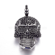 316 Surgical Stainless Steel Big Pendants, with Rhinestones, Skull, Antique Silver, 62.5x34x15mm, Hole: 12mm(STAS-P056-04AS)