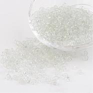 6/0 Glass Seed Beads, Transparent, Round, White, 4mm, hole: 1.5mm, about 496pcs/50g(X-SEED-A004-4mm-1)