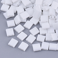 2-Hole Glass Seed Beads, Opaque Colours, Square, White, 5x4.5~5.5x2~2.5mm, Hole: 0.5~0.8mm, about 118pcs/10g(X-SEED-S031-L-041)