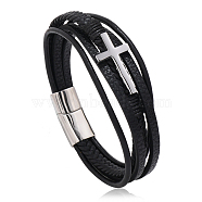 Leather Cord Multi-starand Bracelet, Cross Link Bracelet with Stainless Steel Magnetic Clasp for Men Women, Stainless Steel Color, 8-1/4 inch(21cm)(RELI-PW0001-047A-P)