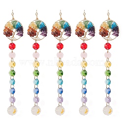 Chakra Octagon Glass Beaded Pendant Decorations, Suncatchers, Rainbow Maker, with Gemstone, Clear Faceted Glass Pendants, Flat Round with Tree of Life, Real 18K Gold Plated, 355mm, Hole: 10mm(HJEW-JM00835)