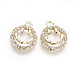 Brass Micro Pave Cubic Zirconia Charms, Cadmium Free & Lead Free, Smile Face, Clear, Golden, 14x11.5x2mm, Hole: 1.5mm(ZIRC-F102-16)