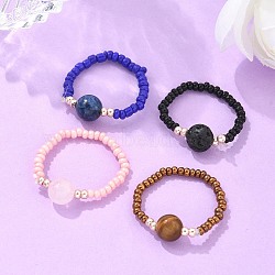 Natural & Synthetic Mixed Stone Stretch Rings, with Glass Seed Beads, Size 8, 18mm(X-RJEW-JR00255)