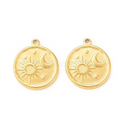 304 Stainless Steel Pendant Rhinestone Settings, Flat Round with Sun & Moon, Real 18K Gold Plated, Fit for 3mm Rhinestone, 21x18x2mm, Hole: 1.6mm(STAS-A075-05G)