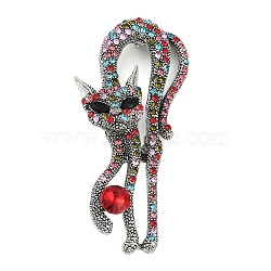 Cat Shape Colorful Rhinestone Brooches, Alloy Lapel Pins for Backpack Clothes, Antique Silver, 71.5x33mm(JEWB-S030-03A)