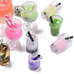 Plastic Cup Pendants, with Resin Inside and Platinum Iron Findings, Imitation Bubble Tea/Boba Milk Tea, Mixed Color, 23~70.5x11~43x11~37.5mm, Hole: 1.8mm(CRES-MSMC002-55)