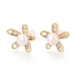 Flower Brass Micro Pave Cubic Zirconia Stud Earrings, with Natural Pearl & 925 Sterling Silver Pins, Long-Lasting Plated, Real 18K Gold Plated, 18.5x20mm(PEAR-N017-07H)
