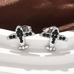 304 Stainless Steel Stud Earrings, with Rhinestone, Airplane, Stainless Steel Color, 12x14mm(EJEW-F361-09P)