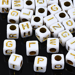 Golden Plating Acrylic Beads, Metal Enlaced, Cube, Random Mixed Letters, 6x6x6mm, Hole: 3mm(PACR-S219-22A)