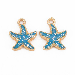 Alloy Pendants, with Enamel and Glitter, Light Gold, Starfish, Sky Blue, 18~19x15x3mm, Hole: 2mm(PALLOY-N153-24-RS)