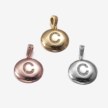 Brass Pendants, with Cubic Zirconia, Cadmium Free & Lead Free, Flat Round with Letter, Mixed Color, Letter.C, 22mm, Hole: 2x3mm, Pendant: 15x3mm