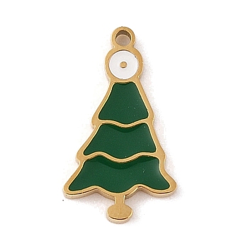 Christmas Theme Ion Plating(IP) 304 Stainless Steel Enamel Charms, Golden, Christmas Tree, 14x8x1.5mm, Hole: 1mm