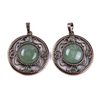 Natural Green Aventurine Pendants, Rack Plating Brass Hollow Flat Round Charms, Cadmium Free & Lead Free, Red Copper, 36.5x33x9.5mm, Hole: 7.5x5mm