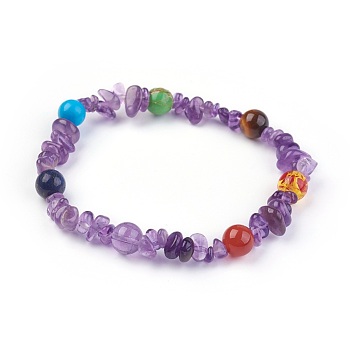 Chakra Jewelry Stretch Bracelets, with Natural Amethyst and Natural & Synthetic Mixed Gemstone Beads, 55mm