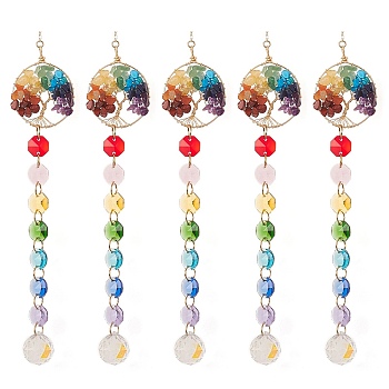 Chakra Octagon Glass Beaded Pendant Decorations, Suncatchers, Rainbow Maker, with Gemstone, Clear Faceted Glass Pendants, Flat Round with Tree of Life, Real 18K Gold Plated, 355mm, Hole: 10mm