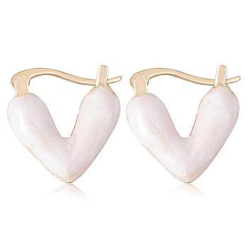 Enamel Heart Hoop Earrings, Golden Brass Jewelry for Women, White, 19x19x4.5mm, Pin: 0.6x1mm