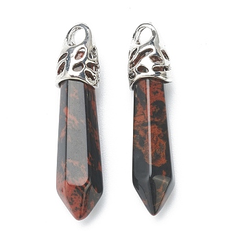 Bullet Natural Mahogany Obsidian Pendants, with Platinum Tone Alloy Findings, 33~40x8~10mm, Hole: 3x2mm