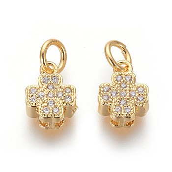 Brass Micro Pave Cubic Zirconia Charms, Lead Free & Cadmium Free, Clear, Clover, Golden, 9.5x7x3.5mm, Hole: 3mm