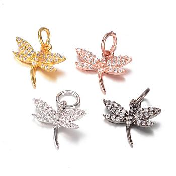 Brass Micro Pave Cubic Zirconia Charms, Dragonfly, Mixed Color, 13.5x15x3mm, Hole: 4mm