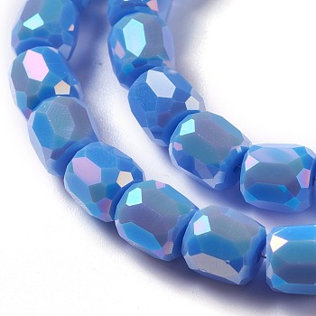 Electroplate Opaque Glass Beads, Faceted Barrel, Dodger Blue, 8x8mm, Hole: 1mm