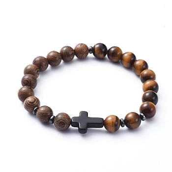 Natural Wood Beads Stretch Bracelets, with Natural Tiger Eye Beads, Non-Magnetic Synthetic Hematite Beads and Cross Synthetic Turquoise(Dyed) Beads, Inner Diameter: 2-1/8 inch(5.5cm)