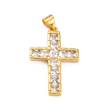 Brass Micro Pave Clear Cubic Zirconia Pendants, Cross, Real 18K Gold Plated, 26.5x17.5x2.5mm, Hole: 4x3mm