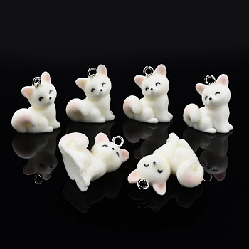Flocky Resin Pendants, with Platinum Plated Iron Loops, Fox, Antique White, 25x23.5x15mm, Hole: 2.5mm