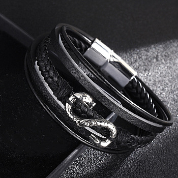 Leather Cords Multi-strand Bracelets with Magnetic Clasp, Snake Link Punk Bracelet, Black, 8-1/4 inch(21cm)