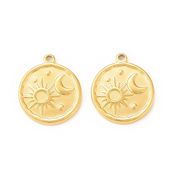 304 Stainless Steel Pendant Rhinestone Settings, Flat Round with Sun & Moon, Real 18K Gold Plated, Fit for 3mm Rhinestone, 21x18x2mm, Hole: 1.6mm