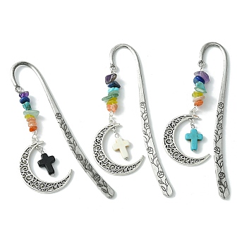 3Pcs 3 Style Crescent Moon Alloy Pendant Bookmark with Chakra Gemstone Chip & Cross, Flower Pattern Hook Bookmarks, Mixed Color, 118mm, 1pc/style