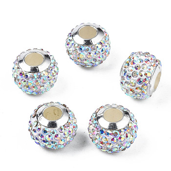 Handmade Polymer Clay Rhinestone European Beads, with Silver Tone CCB Plastic Double Cores, Large Hole Beads, Rondelle, Crystal AB, 12.5~13x10mm, Hole: 4.5mm