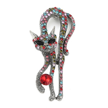 Cat Shape Colorful Rhinestone Brooches, Alloy Lapel Pins for Backpack Clothes, Antique Silver, 71.5x33mm