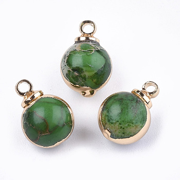 Natural Regalite/Imperial Jasper/Sea Sediment Jasper Charms, with Brass Findings, Round, Golden, Green, 12x9x8.5mm, Hole: 1mm