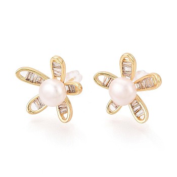 Flower Brass Micro Pave Cubic Zirconia Stud Earrings, with Natural Pearl & 925 Sterling Silver Pins, Long-Lasting Plated, Real 18K Gold Plated, 18.5x20mm