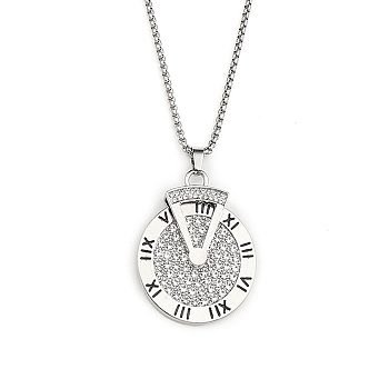 201 Stainless Steel Chain, Zinc Alloy Pendant and Rhinestone Necklaces, Clock, Stainless Steel Color, 23.50 inch(59.7cm)