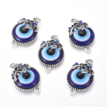 Alloy Links connectors, with Rhinestone and Resin, Evil Eye, Antique Silver, 29x18.5x8mm, Hole: 2mm