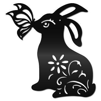 Iron Wall Signs, Metal Art Wall Decoration, Rabbit with Butterfly, for Living Room, Home, Office, Garden, Kitchen, Hotel, Balcony, Matte Gunmetal Color, 300x284x1mm