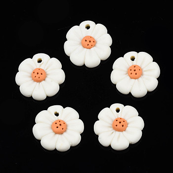 Handmade Polymer Clay Pendant, 8-Petal Flower, Creamy White, 18.5~19.5x4~4.5mm, Hole: 1.8mm