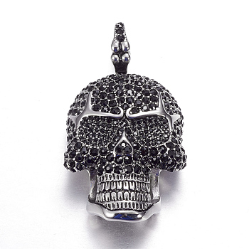 316 Surgical Stainless Steel Big Pendants, with Rhinestones, Skull, Antique Silver, 62.5x34x15mm, Hole: 12mm