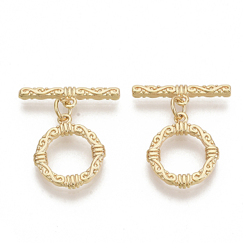 Brass Toggle Clasps, with Jump Rings, Nickel Free, Ring, Real 18K Gold Plated, Ring: 17.5x15x2.5mm, Hole: 1.2mm, Bar: 21.5x4.5x1.5mm, Hole: 1.2mm, Jump Ring: 5x0.8mm.