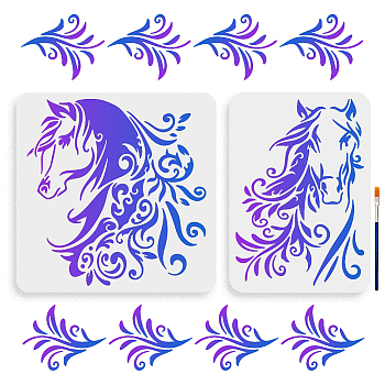 US 1 Set PET Hollow Out Drawing Painting Stencils, with 1Pc Art Paint Brushes, for DIY Scrapbook, Photo Album, Horse, 297~300x210~300mm, 2pcs/set