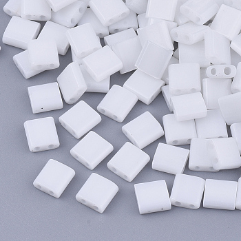 2-Hole Glass Seed Beads, Opaque Colours, Square, White, 5x4.5~5.5x2~2.5mm, Hole: 0.5~0.8mm, about 118pcs/10g