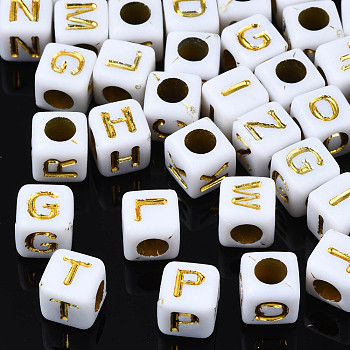 Golden Plating Acrylic Beads, Metal Enlaced, Cube, Random Mixed Letters, 6x6x6mm, Hole: 3mm